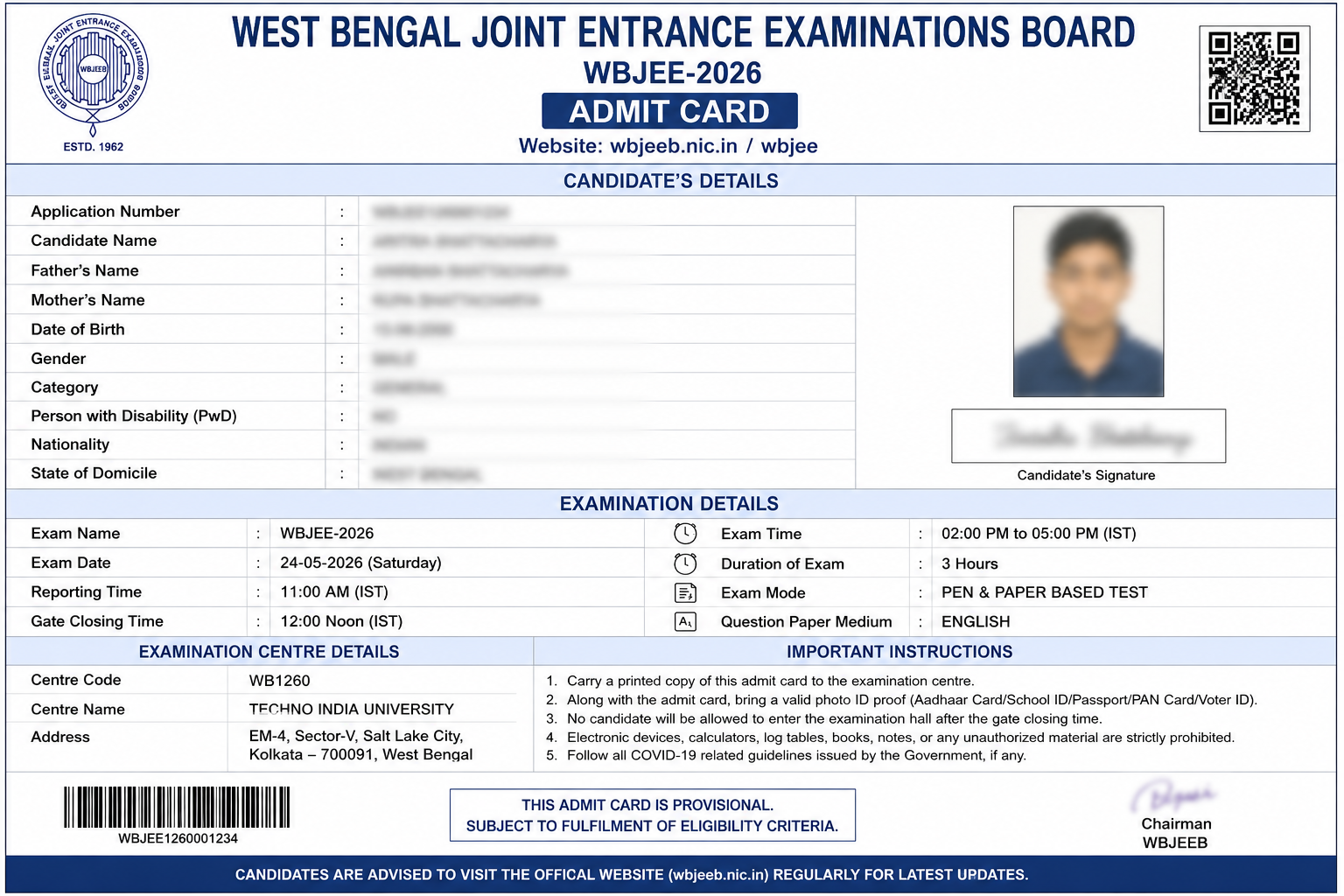 WBJEE Admit Card 2026 sample