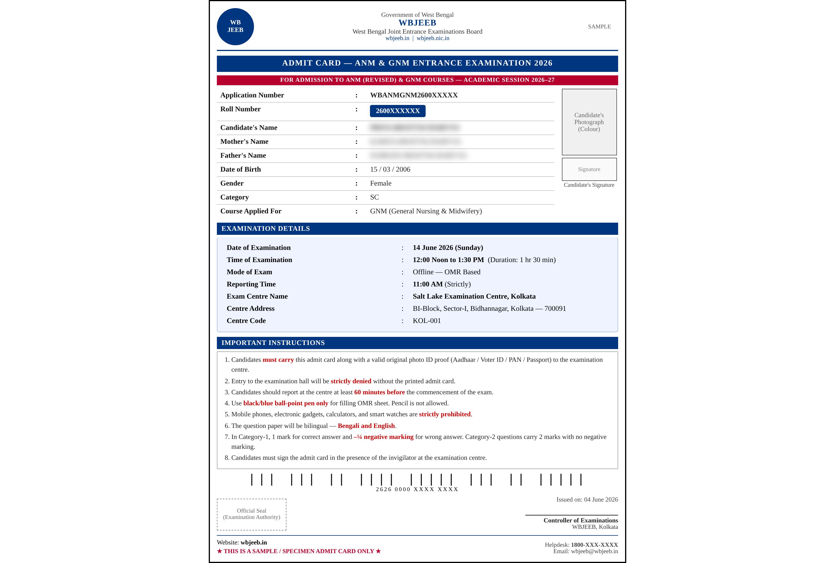 WB ANM GNM Hall Ticket 2026 Sample