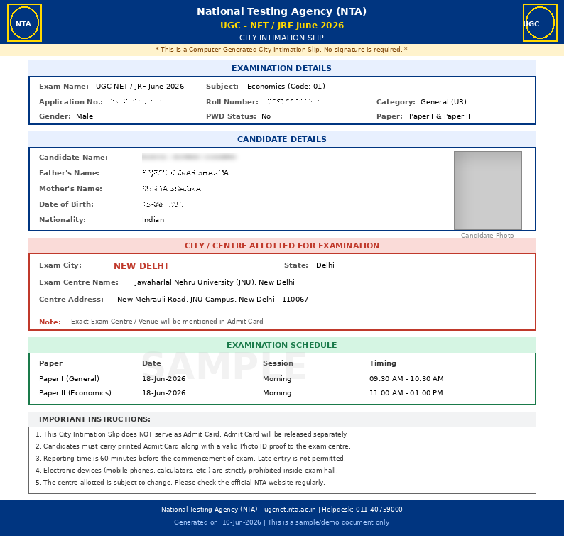 UGC NET 2026 City Intimation Slip Sample