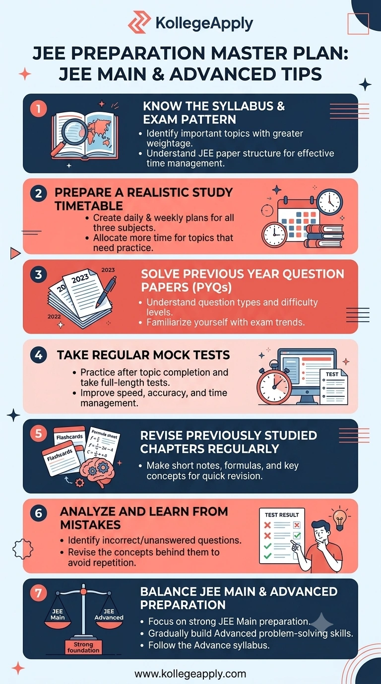 An infographic by KollegeApply titled "JEE PREPARATION MASTER PLAN: JEE MAIN & ADVANCED TIPS". It outlines a 7-step strategy for exam preparation: Know the Syllabus & Exam Pattern: Identify important topics with greater weightage and understand the paper structure for effective time management. Prepare a Realistic Study Timetable: Create daily and weekly plans for all three subjects and allocate more time to topics needing practice. Solve Previous Year Question Papers (PYQs): Understand question types, difficulty levels, and familiarize yourself with exam trends. Take Regular Mock Tests: Practice after topic completion, take full-length tests, and improve speed, accuracy, and time management. Revise Previously Studied Chapters Regularly: Make short notes, formulas, and key concepts for quick revision. Analyze and Learn from Mistakes: Identify incorrect or unanswered questions and revise the concepts behind them to avoid repetition. Balance JEE Main & Advanced Preparation: Focus on strong JEE Main preparation, gradually build Advanced problem-solving skills, and follow the Advanced syllabus.