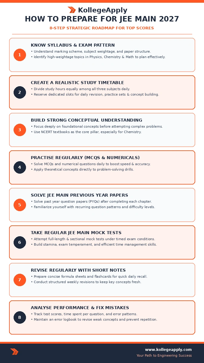 Here is the Alt Text for your infographic image:  Alt Text:  An infographic created by KollegeApply titled "HOW TO PREPARE FOR JEE MAIN 2027: 8-STEP STRATEGIC ROADMAP FOR TOP SCORES" designed with an orange, navy blue, and light orange color theme on a white background. It presents an eight-step preparation guide in sequential cards:  Know Syllabus & Exam Pattern: Understand marking scheme, subject weightage, and paper structure. Identify high-weightage topics in Physics, Chemistry & Math to plan effectively.  Create a Realistic Study Timetable: Divide study hours equally among all three subjects daily. Reserve dedicated slots for daily revision, practice sets & concept building.  Build Strong Conceptual Understanding: Focus deeply on foundational concepts before attempting complex problems. Use NCERT textbooks as the core pillar, especially for Chemistry.  Practise Regularly (MCQs & Numericals): Solve MCQs and numerical questions daily to boost speed & accuracy. Apply theoretical concepts directly to problem-solving drills.  Solve JEE Main Previous Year Papers: Solve past year question papers (PYQs) after completing each chapter. Familiarize yourself with recurring question patterns and difficulty levels.  Take Regular JEE Main Mock Tests: Attempt full-length & sectional mock tests under timed exam conditions. Build stamina, exam temperament, and efficient time management skills.  Revise Regularly with Short Notes: Prepare concise formula sheets and flashcards for quick daily recall. Conduct structured weekly revisions to keep key concepts fresh.  Analyse Performance & Fix Mistakes: Track test scores, time spent per question, and error patterns. Maintain an error logbook to revise weak concepts and prevent repetition.