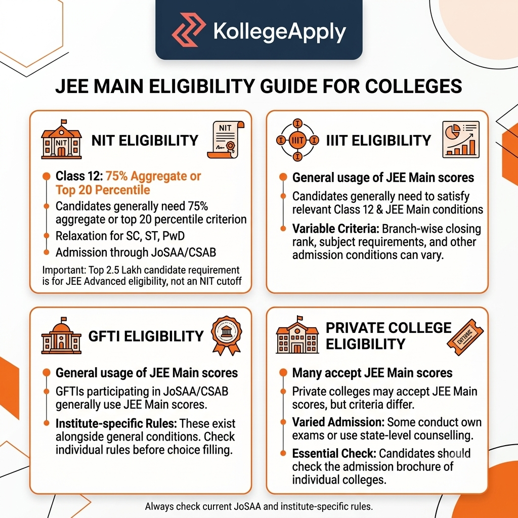 An infographic titled "JEE MAIN ELIGIBILITY GUIDE FOR COLLEGES" created by KollegeApply. The graphic uses a clean white background with orange geometric accents. It is divided into four distinct orange-bordered panels, each detailing eligibility criteria for different engineering institutions:  NIT ELIGIBILITY: Lists requirements including Class 12 (75% Aggregate or Top 20 Percentile), relaxation for SC, ST, PwD, and admission through JoSAA/CSAB. A note clarifies the top 2.5 Lakh candidates are for JEE Advanced, not NITs.  IIIT ELIGIBILITY: Specifies general usage of JEE Main scores but notes variable criteria for branch-wise closing rank, subject requirements, and other conditions that vary by institute.  GFTI ELIGIBILITY: Mentions GFTIs use JEE Main scores through JoSAA/CSAB but emphasizes existing institute-specific rules that must be checked before choice filling.  PRIVATE COLLEGE ELIGIBILITY: States many accept JEE Main scores, but criteria differ. Mentions varied admission processes, including own exams or state-level counseling, and urges candidates to check individual brochures.  At the very bottom, a footer reads: "Always check current JoSAA and institute-specific rules."
