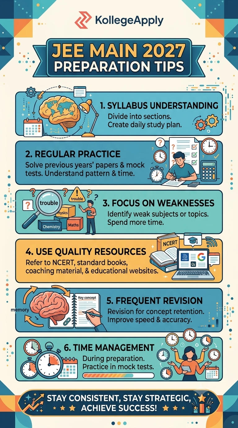 An infographic by KollegeApply titled "JEE MAIN 2027 PREPARATION TIPS". The visual is organized into six stacked, numbered sections with icons:  Syllabus Understanding: Divide syllabus into sections and create a daily study plan.  Regular Practice: Solve previous years' papers and mock tests to understand the pattern and timing.  Focus on Weaknesses: Identify weak subjects or topics and dedicate more time to them.  Use Quality Resources: Refer to NCERT, standard books, coaching materials, and educational websites.  Frequent Revision: Revise regularly for concept retention and to improve speed and accuracy.  Time Management: Practice time management during preparation and mock tests. The bottom footer reads: "STAY CONSISTENT, STAY STRATEGIC, ACHIEVE SUCCESS!"