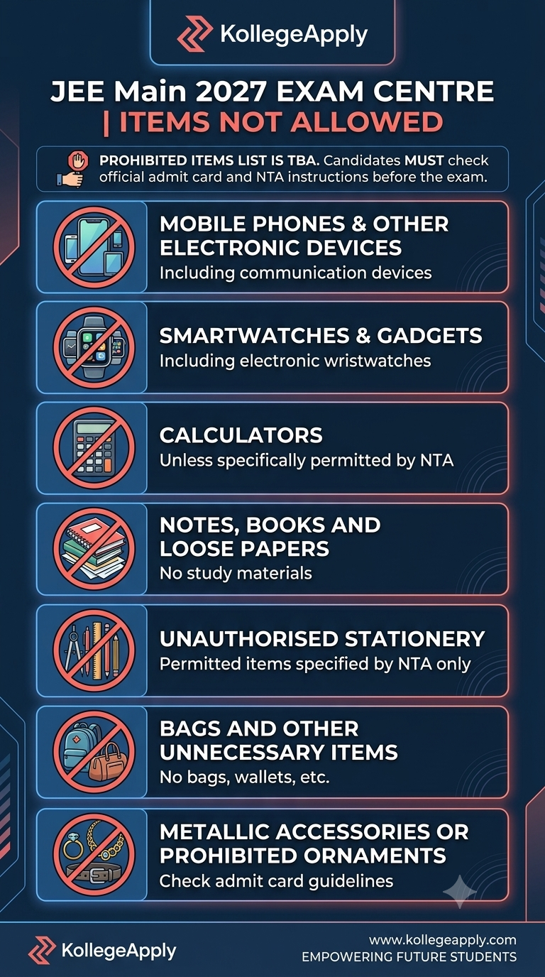 An infographic by KollegeApply titled "JEE Main 2027 EXAM CENTRE | ITEMS NOT ALLOWED". Below a small note advising candidates to check official sources, there are seven vertical panels with red "NO" symbols and icons of prohibited items. The categories are: 1. MOBILE PHONES & OTHER ELECTRONIC DEVICES (including communication devices). 2. SMARTWATCHES & GADGETS (including electronic wristwatches). 3. CALCULATORS (unless specifically permitted by NTA). 4. NOTES, BOOKS AND LOOSE PAPERS (no study materials). 5. UNAUTHORISED STATIONERY (permitted items specified by NTA only). 6. BAGS AND OTHER UNNECESSARY ITEMS (no bags, wallets, etc.). 7. METALLIC ACCESSORIES OR PROHIBITED ORNAMENTS (check admit card guidelines). The graphic includes KollegeApply branding at the top and bottom.