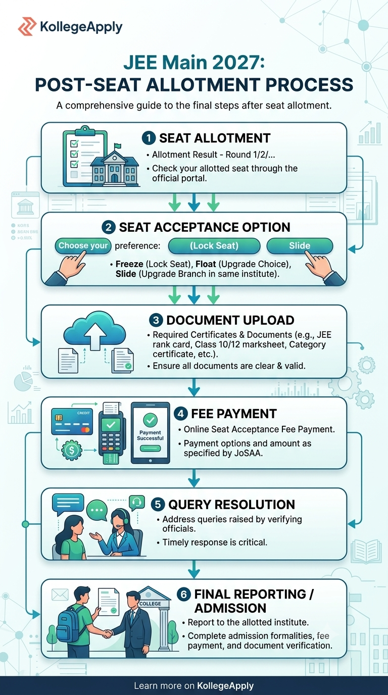 A vertical 6-step infographic titled "JEE Main 2027: Post-Seat Allotment Process" by KollegeApply. The flow displays six sequential steps: 1) Seat Allotment (checking results on the official portal), 2) Seat Acceptance Option (selecting Freeze, Float, or Slide), 3) Document Upload (submitting required rank cards, marksheets, and certificates), 4) Fee Payment (completing the online seat acceptance fee), 5) Query Resolution (responding to queries from verification officials), and 6) Final Reporting / Admission (reporting to the allotted institute to finalize admission formalities).