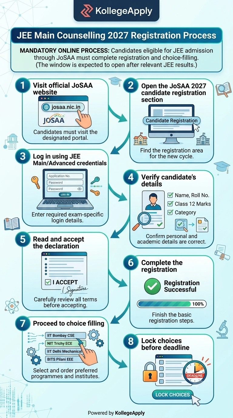 An vertical infographic titled "JEE Main Counselling 2027 Registration Process" by KollegeApply. It illustrates an 8-step process for candidates: 1) Visit official JoSAA website, 2) Open the JoSAA 2027 candidate registration section, 3) Log in using JEE Main/Advanced credentials, 4) Verify candidate's personal and academic details, 5) Read and accept the declaration, 6) Complete the registration, 7) Proceed to choice filling for programmes and institutes, and 8) Lock choices before deadline.