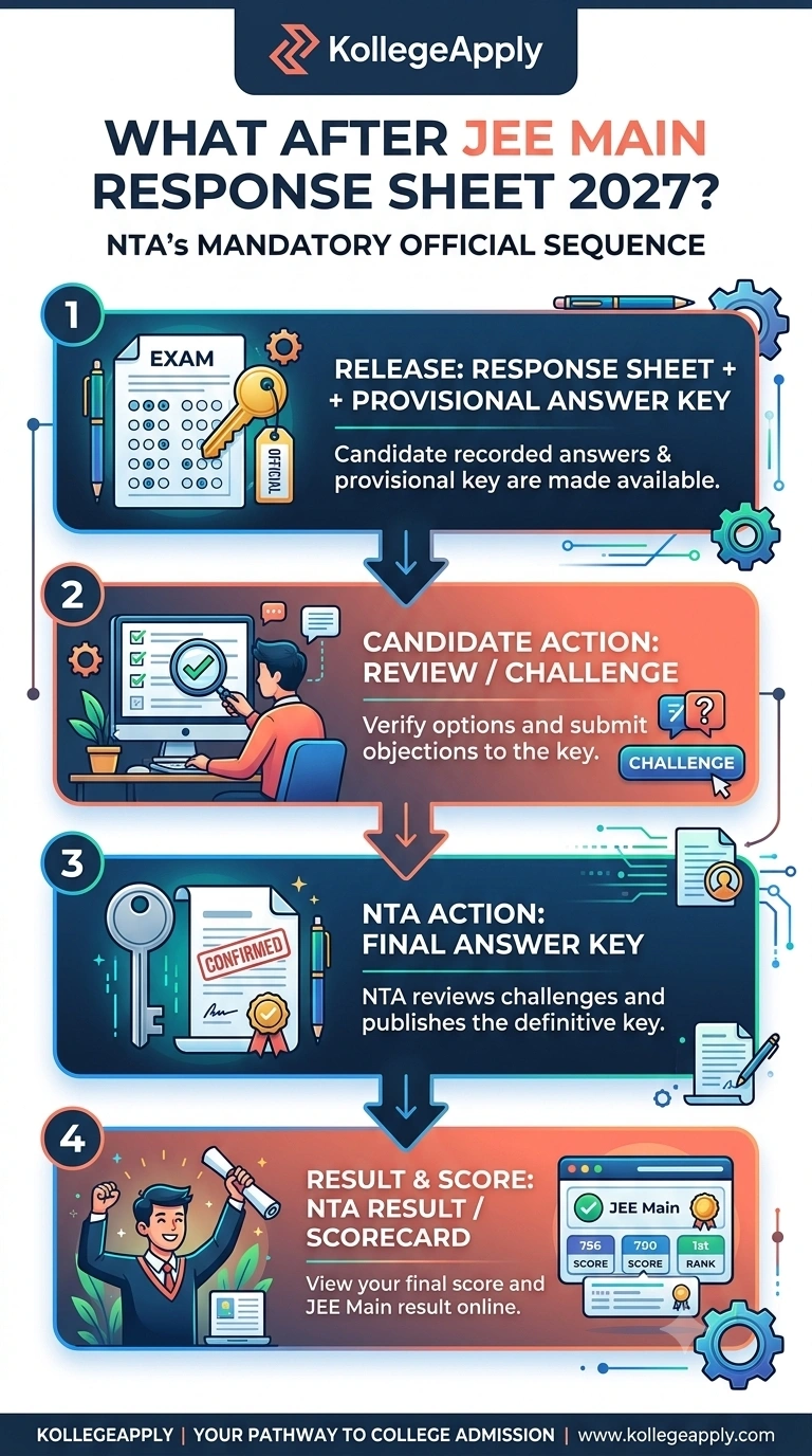 A vertical 4-step infographic titled "What After JEE Main Response Sheet 2027? NTA's Mandatory Official Sequence" by KollegeApply. The diagram outlines the step-by-step process following the exam: 1) Release: Response Sheet + Provisional Answer Key (NTA publishes recorded candidate answers and the provisional key), 2) Candidate Action: Review / Challenge (candidates cross-check options and submit objections if needed), 3) NTA Action: Final Answer Key (NTA reviews challenges and issues the verified key), and 4) Result & Score: NTA Result / Scorecard (final scores and ranks are officially released).