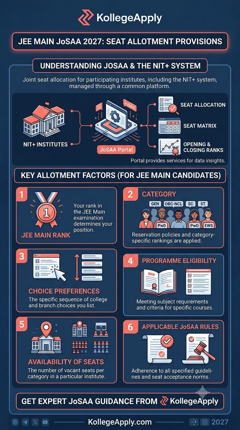 A detailed vertical infographic for KollegeApply, titled "JEE MAIN JoSAA 2027: SEAT ALLOTMENT PROVISIONS," explaining the joint seat allocation process and six key allotment factors for candidates, using colorful icons and text on a dark blue background.