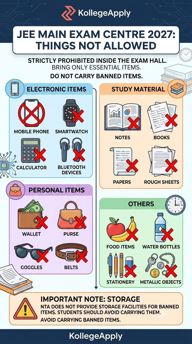 A detailed infographic for KollegeApply titled "JEE MAIN EXAM CENTRE 2027: THINGS NOT ALLOWED," presented in a vertical 675x1200 resolution. The infographic is organized into four color-coded panels, each with icons of prohibited items crossed out with red 'X's. The top panel, "ELECTRONIC ITEMS," shows icons for Mobile Phone, Smartwatch, Calculator, and Bluetooth Devices. Below it, the "STUDY MATERIAL" panel has icons for Notes, Books, Papers, and Rough Sheets. The third panel, "PERSONAL ITEMS," lists Wallet, Purse, Goggles, and Belts. The final panel, "OTHERS," depicts Food Items, Water Bottles, Stationery, and Metallic Objects. A significant note at the bottom, marked with a caution sign, states: "IMPORTANT NOTE: STORAGE. NTA DOES NOT PROVIDE STORAGE FACILITIES FOR BANNED ITEMS. STUDENTS SHOULD