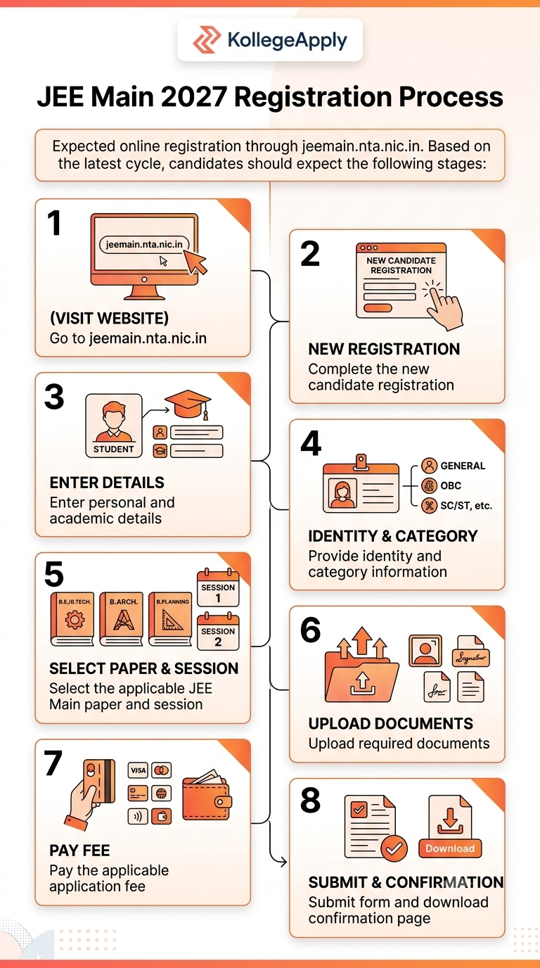 Step-by-step JEE Main 2027 registration process flowchart by KollegeApply illustrating website visit, candidate details entry, paper selection, document upload, fee payment, and confirmation submission.