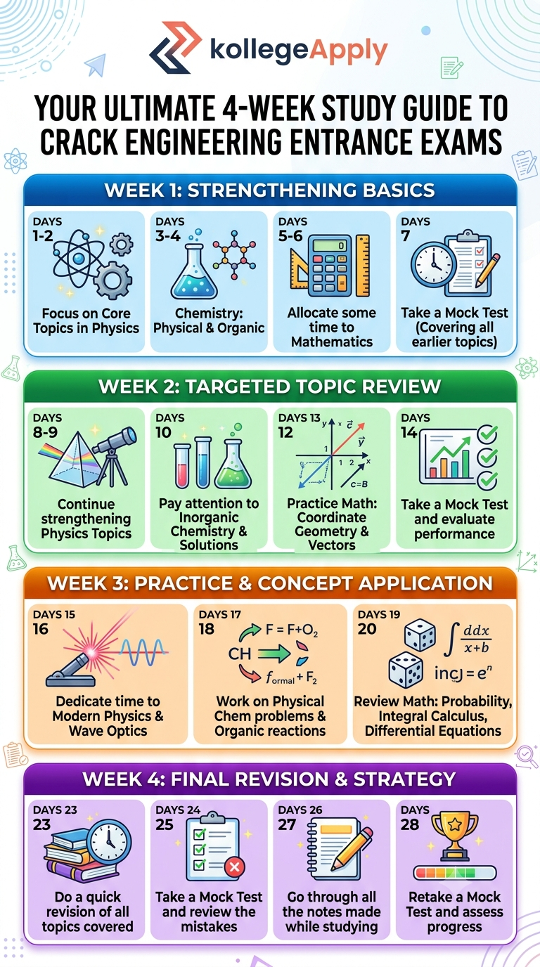 An infographic titled "Your Ultimate 4-Week Study Guide to Crack Engineering Entrance Exams" by KollegeApply. It features a 675x1200 vertical layout detailing a 28-day study plan: Week 1 focuses on strengthening basics in Physics, Physical/Organic Chemistry, Math, and a mock test. Week 2 covers targeted review of Physics, Inorganic Chemistry, Coordinate Geometry, Vectors, and performance evaluation. Week 3 focuses on practice in Modern Physics, Wave Optics, Chemistry problems, Calculus, and Probability. Week 4 outlines final revision, notes review, and mock test assessments.