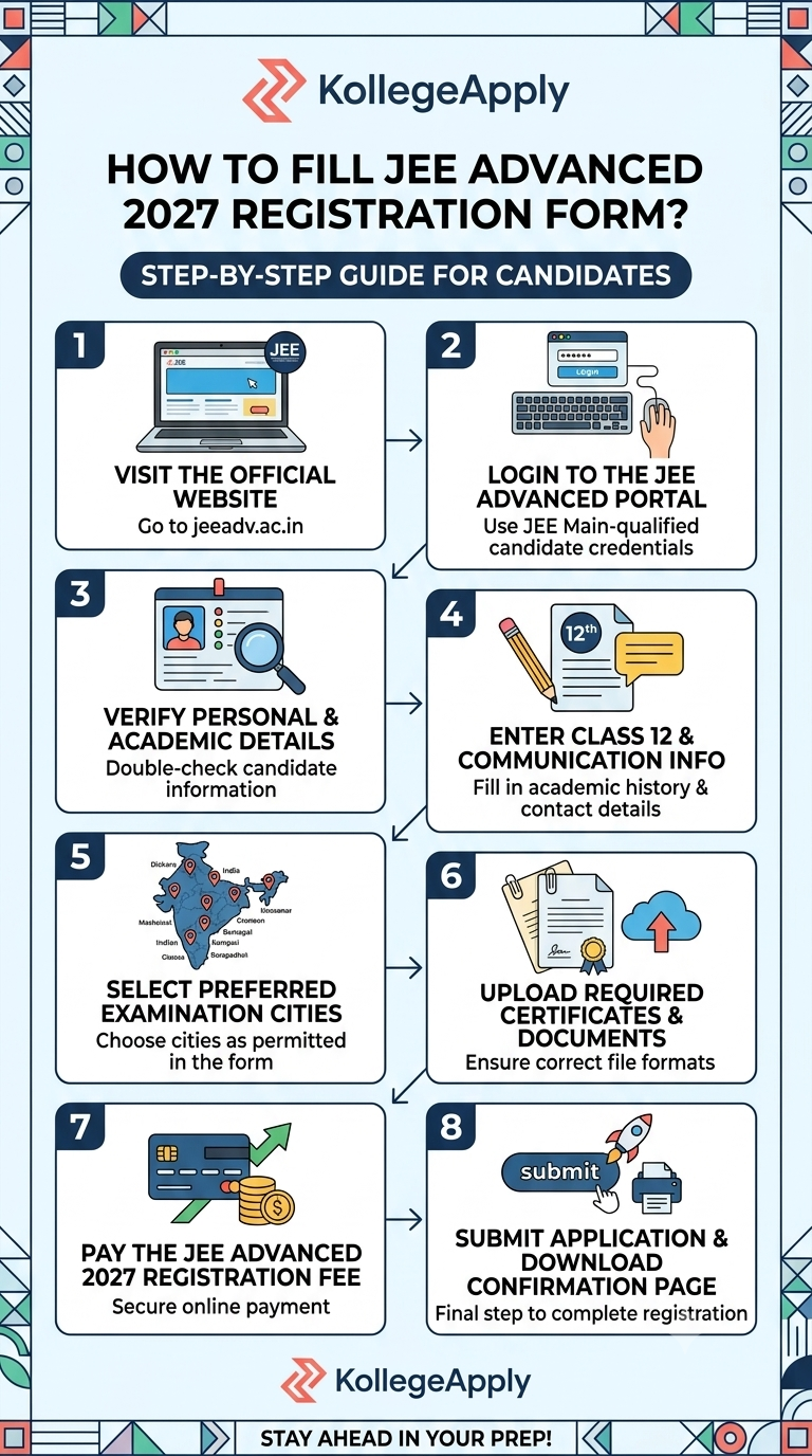 An infographic titled "How to Fill JEE Advanced 2027 Registration Form?" featuring the KollegeApply logo. The graphic displays an 8-step, numbered process with modern icons and clean text cards. The steps include: 1. Visit official website (jeeadv.ac.in), 2. Login to JEE Advanced portal (using JEE Main credentials), 3. Verify personal and academic details, 4. Enter Class 12 and communication info, 5. Select preferred examination cities, 6. Upload required certificates and documents, 7. Pay registration fee, and 8. Submit application and download confirmation page. A decorative frame and clean flat illustration style are used throughout.
