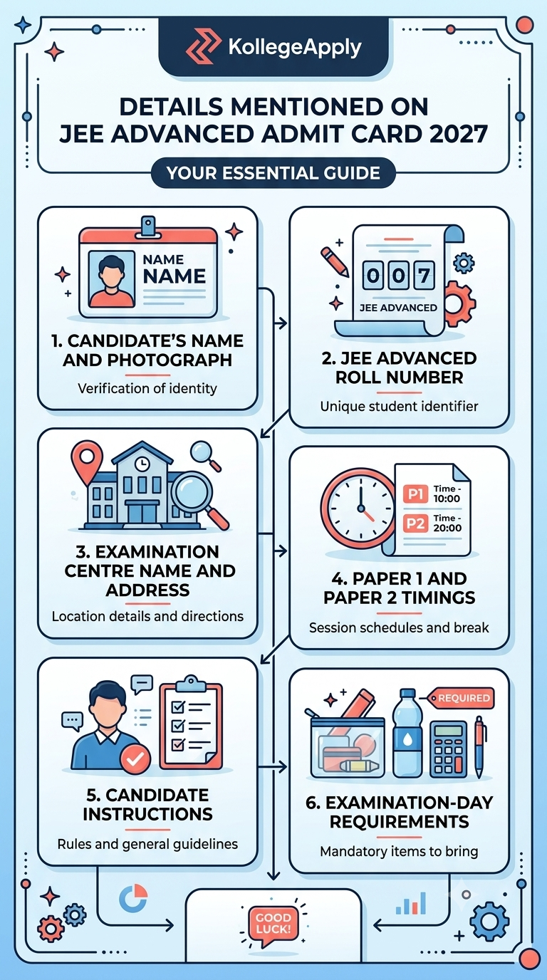 A vertical infographic titled "DETAILS MENTIONED ON JEE ADVANCED ADMIT CARD 2027" featuring the KollegeApply logo. The graphic displays six numbered panels with icons: 1. Candidate's Name and Photograph, 2. JEE Advanced Roll Number, 3. Examination Centre Name and Address, 4. Paper 1 and Paper 2 Timings, 5. Candidate Instructions, and 6. Examination-Day Requirements. A modern flat digital illustration style is used with a blue and coral-pink color scheme. All text is crisp and legible, enclosed in a clean border.