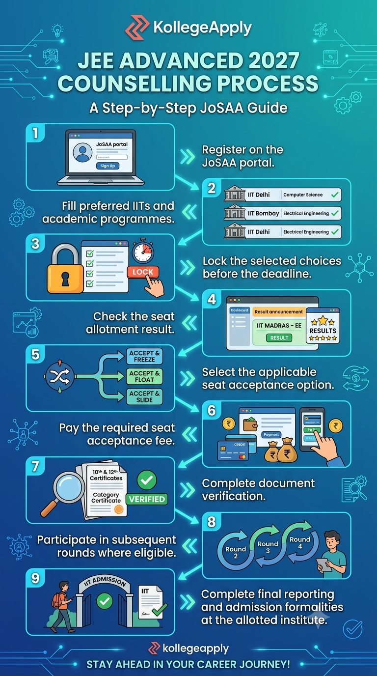 A step-by-step flowchart infographic titled "JEE ADVANCED 2027 COUNSELLING PROCESS: A Step-by-Step JoSAA Guide" featuring the KollegeApply logo. The graphic features a teal digital circuit background and breaks down the 9 JoSAA counselling steps with numbered boxes and vector icons: 1. Register on the JoSAA portal, 2. Fill preferred IITs and academic programmes, 3. Lock selected choices before deadline, 4. Check seat allotment result, 5. Select applicable seat acceptance option (Freeze, Float, Slide), 6. Pay required seat acceptance fee, 7. Complete document verification, 8. Participate in subsequent rounds where eligible, and 9. Complete final reporting and admission formalities at the allotted institute.