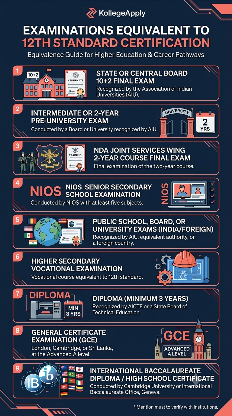 An infographic from KollegeApply titled "EXAMINATIONS EQUIVALENT TO 12TH STANDARD CERTIFICATION" which lists nine categories of qualifications considered equivalent to the 12th standard certificate. These include State or Central Board 10+2 Final Exams (recognized by AIU), Intermediate or 2-Year Pre-University Exams, NDA Joint Services Wing 2-Year Course Final Exams, NIOS Senior Secondary School Examinations, and various recognized Public School/Board/University Exams from India and foreign countries. Other equivalents listed are Higher Secondary Vocational Examinations, Diplomas (minimum 3 years, AICTE or State Board recognized), General Certificate Examinations (GCE) Advanced A Level (from London, Cambridge, or Sri Lanka), and International Baccalaureate Diplomas/High School Certificates. Each point is presented in a separate numbered box with a relevant icon, and the KollegeApply logo is at the top. The subtitle is "Equivalence Guide for Higher Education & Career Pathways." The last section has a disclaimer to verify with institutions.