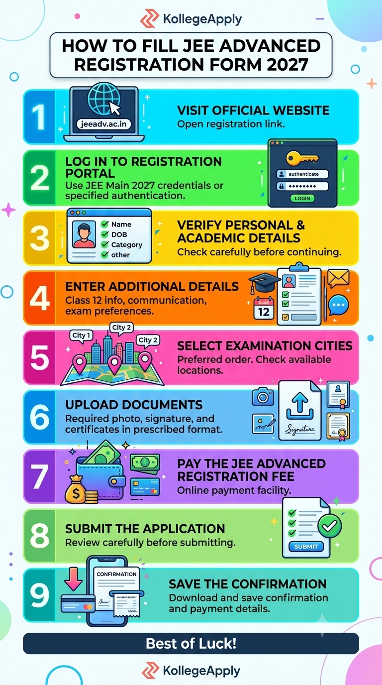 An infographic titled "HOW TO FILL JEE ADVANCED REGISTRATION FORM 2027" featuring colorful, bright horizontal blocks for each step, along with the KollegeApply logo at the top and bottom. It outlines a 9-step application process:  Visit Official Website – Open registration link at jeeadv.ac.in.  Log In to Registration Portal – Use JEE Main 2027 credentials or specified authentication.  Verify Personal & Academic Details – Check pre-filled details (Name, DOB, Category) carefully.  Enter Additional Details – Fill in Class 12 info, communication details, and exam preferences.  Select Examination Cities – Choose preferred cities in order of preference.  Upload Documents – Upload photo, signature, and certificates in the prescribed format.  Pay the JEE Advanced Registration Fee – Complete payment through the online payment facility.  Submit the Application – Carefully review and submit the completed form.  Save the Confirmation – Download and save the confirmation page and payment receipt.