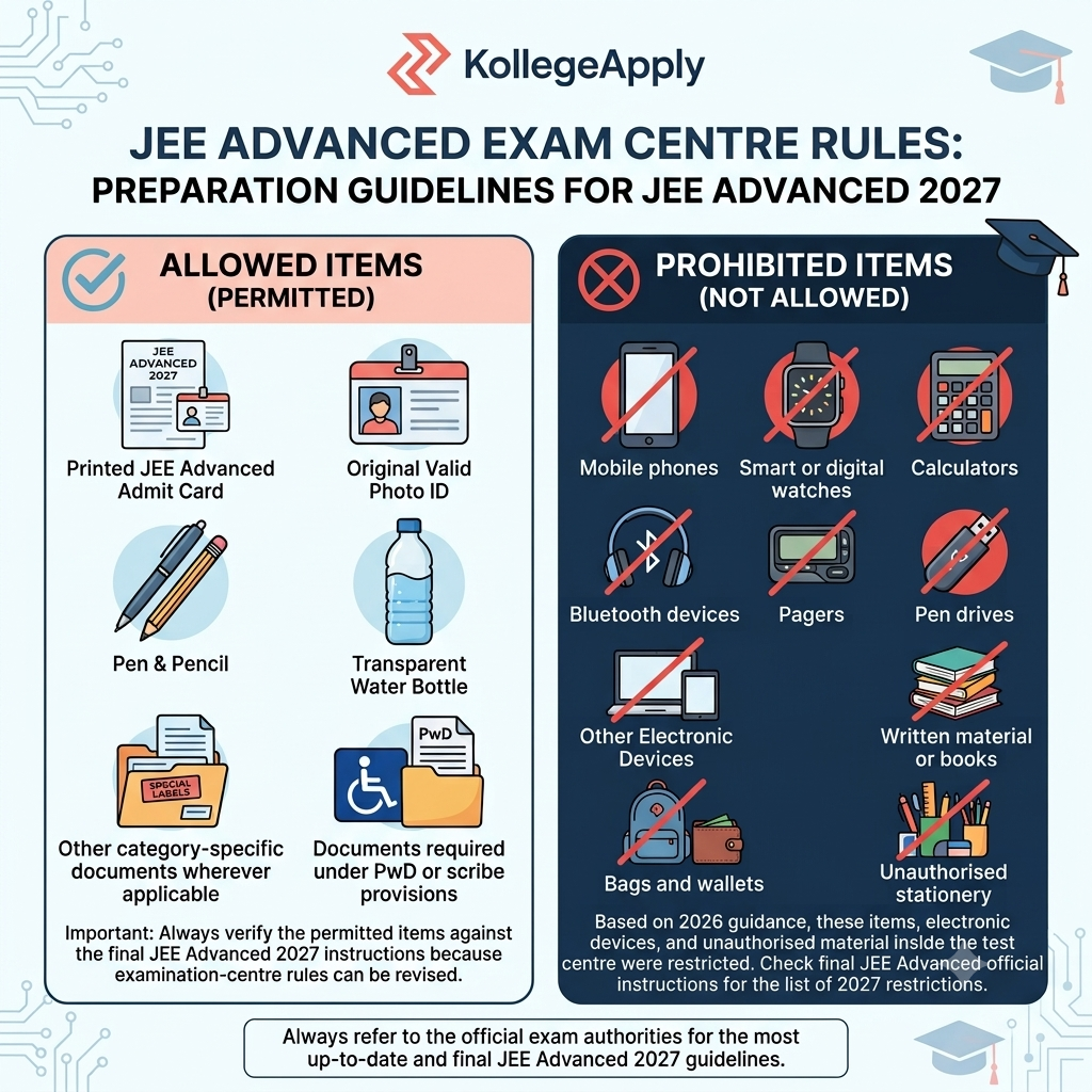 An infographic titled "JEE Advanced 2027 General Instructions" featuring the KollegeApply logo at the top. The image lays out examination rules in numbered cards: Pre-Exam Awareness: Advises candidates to understand the computer setup for the online (Computer-Based Test) mode. Compulsory Papers: Highlights two compulsory papers (Paper 1 & Paper 2), each 3 hours long, covering Physics, Chemistry, and Mathematics. Question Paper Versatility: Outlines question types (Multiple-Choice, Numerical Value, Matching) and notes that negative marking applies to some questions. Candidate Accommodation: Mentions 1 extra hour per paper for candidates with disabilities (4 hours total per paper). Identity & Mandatory Items: Requires candidates to bring their admit card and valid photo ID, noting identity verification includes fingerprint scans. Permitted Materials & Work: Allows transparent water bottles and permitted stationery, with rough work restricted to provided scribble pads. Exam Conduct & Rules: States that leaving the hall early is not permitted and malpractice leads to disqualification.