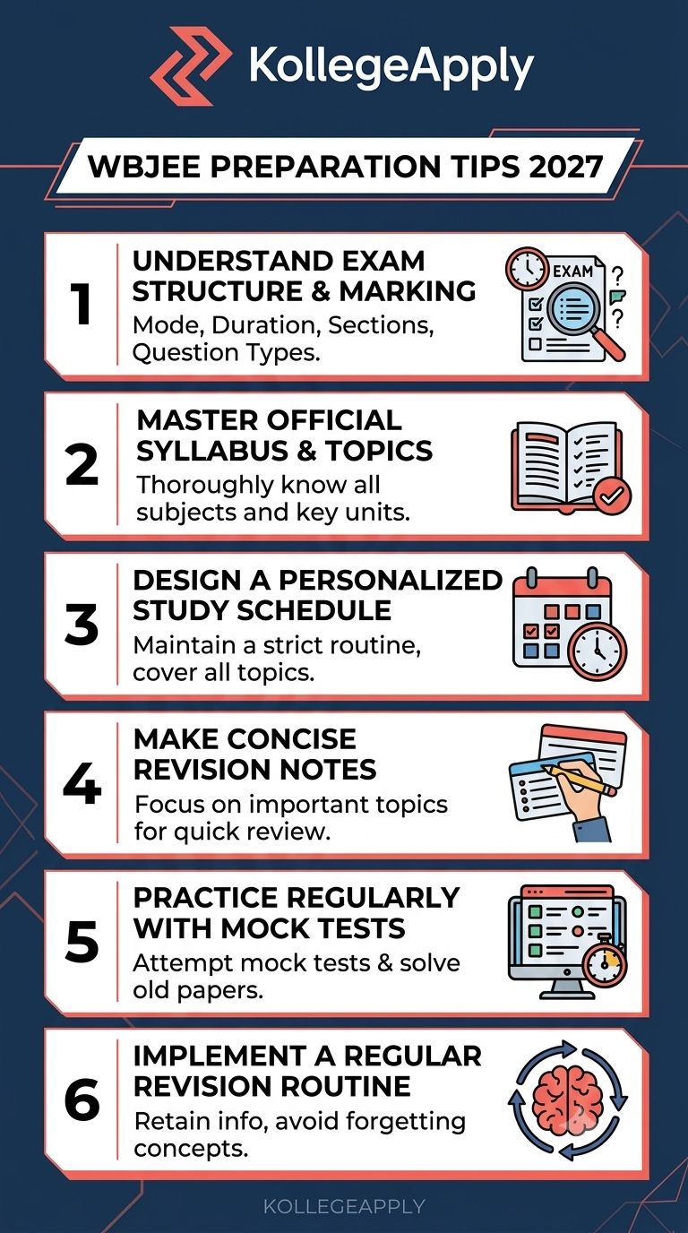 Vertical infographic titled "WBJEE Preparation Tips 2027" featuring the KollegeApply logo at the top. It outlines six numbered steps for exam preparation: 1. Understand Exam Structure & Marking, 2. Master Official Syllabus & Topics, 3. Design a Personalized Study Schedule, 4. Make Concise Revision Notes, 5. Practice Regularly with Mock Tests, and 6. Implement a Regular Revision Routine. Each step includes brief explanatory text and a illustrative vector icon set against a clean card background.