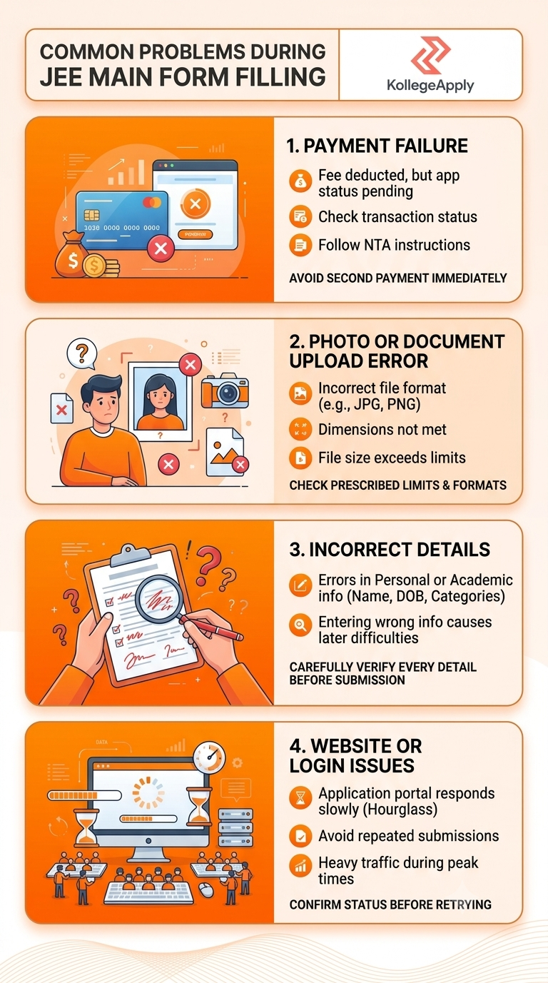 Infographic listing four common problems during JEE Main form filling—Payment Failure, Photo or Document Upload Error, Incorrect Details, and Website or Login Issues—featuring illustrative graphics for each step and the official KollegeApply logo in the top right corner.