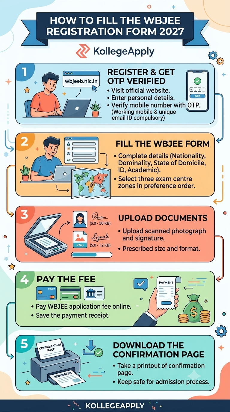 Step 1: 'REGISTER & GET OTP VERIFIED'. This section is blue and features a man at a laptop and a phone showing 'OTP'. Text lists: "Visit official website. wbjeeb.nic.in", "Enter personal details.", "Verify mobile number with OTP. (Working mobile & unique email ID compulsory)".  Step 2: 'FILL THE WBJEE FORM'. This section is orange and shows the man writing, with arrows leading to a form and a small world map. Text lists: "Complete details (Nationality, Dominiality, State of Domicile, ID, Academic).", "Select three exam centre zones in preference order.".  Step 3: 'UPLOAD DOCUMENTS'. This section is coral and illustrates a flatbed scanner, a photo labeled "Photo (3.0 - 50 KB)", and a signature icon labeled "Signature (5.0 - 1.2 KB)". Text lists: "Upload scanned photograph and signature.", "Prescribed size and format.".  Step 4: 'PAY THE FEE'. This section is green and shows credit cards, a bank building, a hand holding a digital payment confirmation device, and a money bag. Text lists: "Pay WBJEE application fee online.", "Save the payment receipt.".  Step 5: 'DOWNLOAD THE CONFIRMATION PAGE'. This section is teal and shows an inkjet printer producing a document labeled "CONFIRMATION PAGE" and "ADMISSION". Text lists: "Take a printout of confirmation page.", "Keep safe for admission process.".