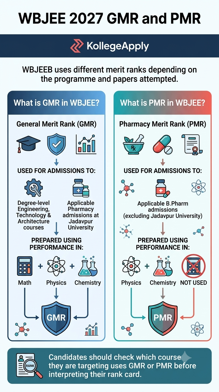 A vertical infographic titled "WBJEE 2027 GMR and PMR" featuring the official KollegeApply logo at the top. The graphic explains two types of merit ranks used by WBJEEB:   General Merit Rank (GMR): Used for admissions to degree-level Engineering, Technology, Architecture, and Pharmacy at Jadavpur University. It is prepared using performance in Mathematics, Physics, and Chemistry.   Pharmacy Merit Rank (PMR): Used for applicable B.Pharm admissions excluding Jadavpur University. It is prepared using performance in Physics and Chemistry, while Mathematics is not used.  