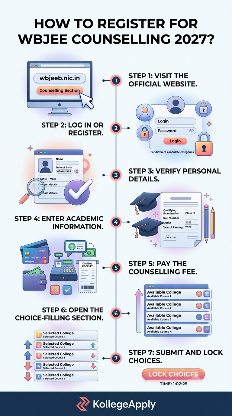 An infographic outlining the step-by-step process for WBJEE Counselling 2027 registration by KollegeApply. The vertical timeline guides applicants through 7 steps: Step 1: Visit official website (wbjeeb.nic.in); Step 2: Log in or register; Step 3: Verify personal details; Step 4: Enter academic information; Step 5: Pay the counselling fee; Step 6: Open the choice-filling section; Step 7: Submit and lock choices. The infographic features modern UI icons, clean step cards, and the KollegeApply brand logo at the bottom.