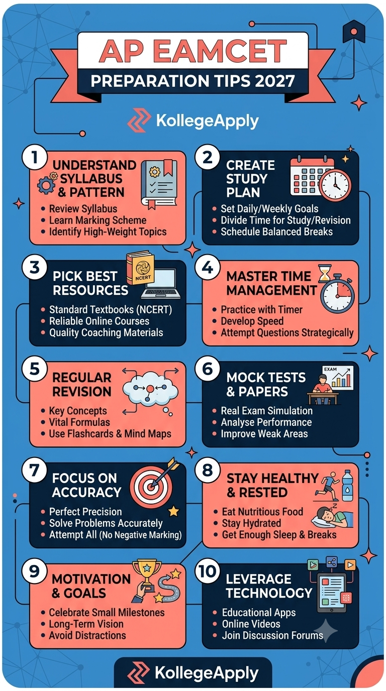 An infographic by KollegeApply titled "AP EAMCET Preparation Tips 2027" presenting 10 step-by-step strategies for exam success: understanding the syllabus and pattern, creating a study plan, picking quality resources, mastering time management, regular revision, solving mock tests, focusing on accuracy, staying healthy, setting goals, and leveraging educational technology.
