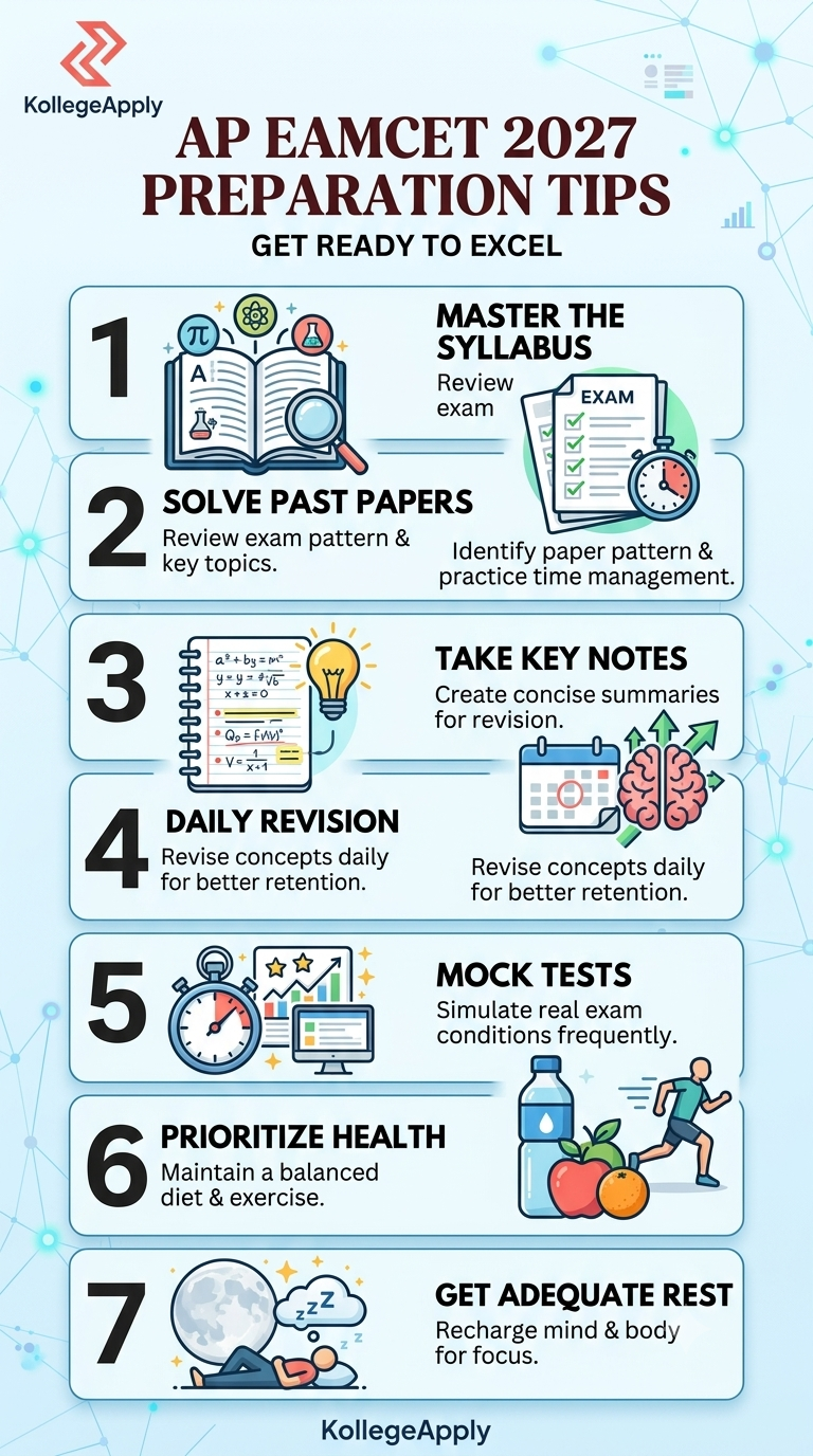 An infographic titled "AP EAMCET 2027 Preparation Tips" featuring 7 numbered study steps: Master the Syllabus, Solve Past Papers, Take Key Notes, Daily Revision, Mock Tests, Prioritize Health, and Get Adequate Rest. Displayed with clean icons, blue-and-orange accents, and the KollegeApply logo at the top left and bottom.