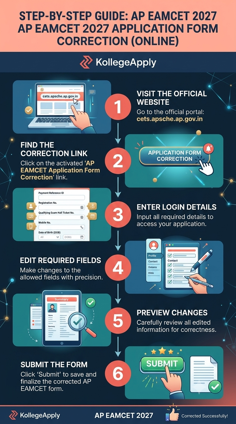 An step-by-step infographic titled "AP EAMCET 2027 Application Form Correction (Online)" detailing 6 numbered steps: Visit Official Website (cets.apsche.ap.gov.in), Find Correction Link, Enter Login Details, Edit Required Fields, Preview Changes, and Submit The Form. Displays clean process icons, blue and orange color theme, and KollegeApply logos.