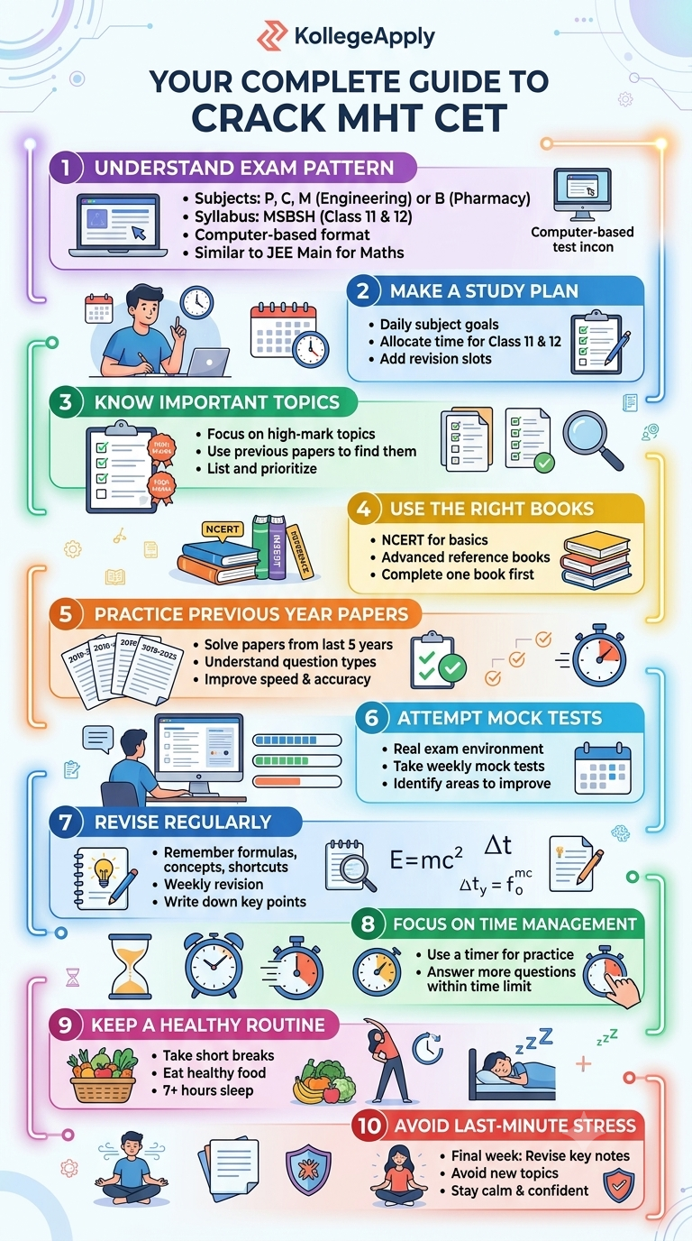 A detailed infographic in a vertical layout providing a 10-step guide for candidates on how to prepare for the MHT-CET exam, branded by KollegeApply. The title at the top reads "Your Complete Guide to Crack MHT CET" in large blue text, with the red KollegeApply logo. The background is white with decorative, colorful neon glowing circuit-style frames and modern, professional vector illustrations throughout.  The ten steps are as follows, in colorful numbered boxes:  Understand Exam Pattern: A purple header and section. Includes icons of a student at a laptop and a computer monitor labeled "Computer-based test icon". The bullet points are: Subjects: P, C, M (Engineering) or B (Pharmacy); Syllabus: MSBSH (Class 11 & 12); Computer-based format; Similar to JEE Main for Maths.  Make A Study Plan: A blue header and section. Features icons of a student with a laptop, a large calendar with a clock, and a clipboard with a pen. The points are: Daily subject goals; Allocate time for Class 11 & 12; Add revision slots.  Know Important Topics: A green header and section. Shows icons of a clipboard with a checklist and badges, a stack of papers, a notebook, and a magnifying glass. The points are: Focus on high-mark topics; Use previous papers to find them; List and prioritize.  Use The Right Books: An orange header and section. Includes illustrations of stacked books (some with "NCERT" and other labels). The points are: NCERT for basics; Advanced reference books; Complete one book first.  Practice Previous Year Papers: An orange header and section. Shows three stacked papers with dates (e.g., 2019-2023), a checklist on a clipboard, and a stopwatch. The points are: Solve papers from last 5 years; Understand question types; Improve speed & accuracy.  Attempt Mock Tests: A blue header and section. Features icons of a student at a computer with data charts, a clipboard, and a calendar. The points are: Real exam environment; Take weekly mock tests; Identify areas to improve.  Revise Regularly: A blue header and section. Includes icons of a lightbulb notebook, a magnifying glass with formulas (like E=mc²), a pencil on paper, and various icons representing revision. The points are: Remember formulas, concepts, shortcuts; Weekly revision; Write down key points.  Focus On Time Management: A green header and section. Features a variety of clock and time-related icons: an hourglass, a large clock, and two smaller stopwatches with a hand indicating speed. The points are: Use a timer for practice; Answer more questions within time limit.  Keep A Healthy Routine: A magenta/pink header and section. Illustrations show a basket of fruits and vegetables, a plate of healthy food, a person stretching and exercising, and a person sleeping in bed. The points are: Take short breaks; Eat healthy food; 7+ hours sleep.  Avoid Last-Minute Stress: A red/pink header and section at the bottom. Features illustrations of a student meditating calmly, a stack of notes with a protective shield, and another calm student on a checklist. The points are: Final week: Revise key notes; Avoid new topics; Stay calm & confident.