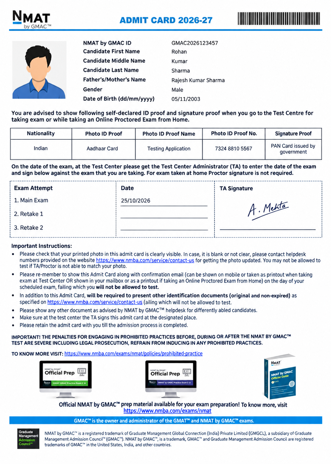 Nmat admit card sample