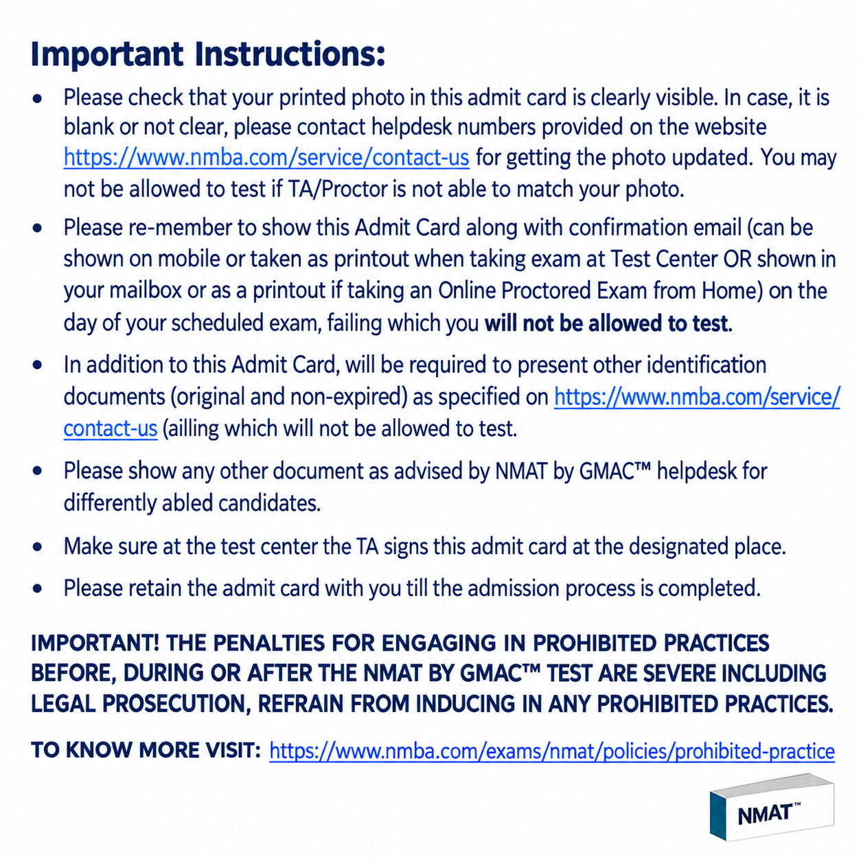 NMAT admit card