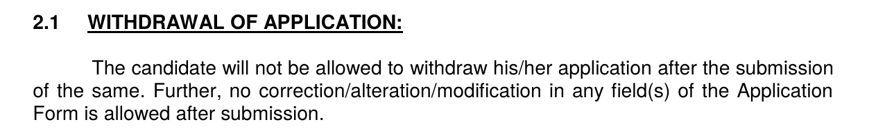 UPSC ESE 2027 notification clause stating that an application cannot be withdrawn or corrected in any field after submission