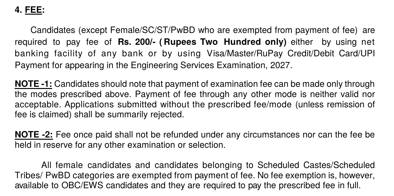UPSC ESE 2027 notification fee section: Rs 200 fee, exemption for female, SC, ST and PwBD candidates, and accepted payment modes