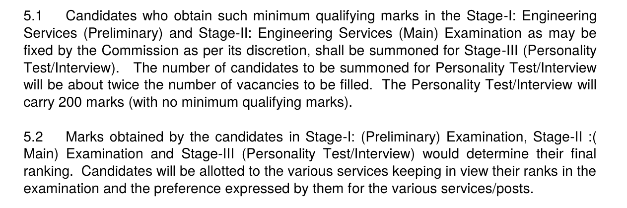 Official UPSC ESE 2027 notification clauses: about twice the number of vacancies called for the Personality Test, 200 marks with no minimum qualifying marks, and final ranking based on all three stages