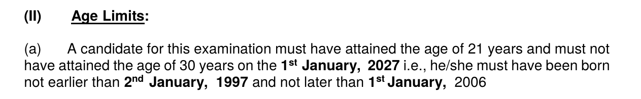 Official UPSC ESE 2027 age limit clause: 21 to 30 years on 1 January 2027, born not earlier than 2 January 1997 and not later than 1 January 2006