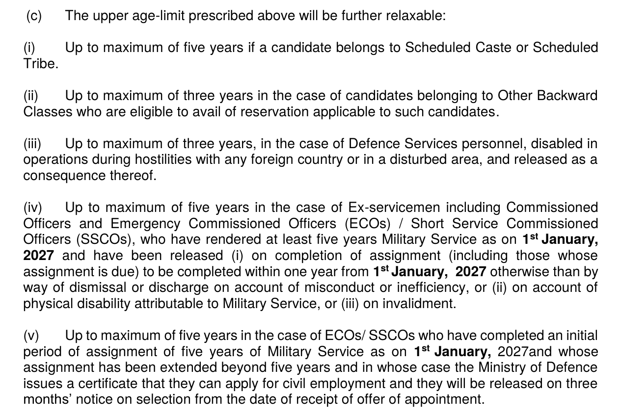 Official UPSC ESE 2027 age relaxation clauses for SC, ST, OBC, disabled defence personnel, ex-servicemen and ECOs/SSCOs