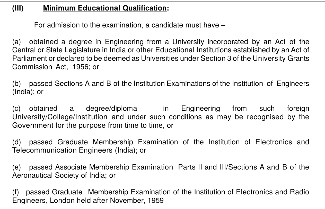 Official UPSC ESE 2027 minimum educational qualification clause listing the six accepted engineering qualifications