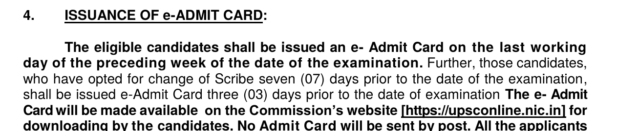 Official UPSC ESE 2027 notification clause: e-admit card issued on the last working day of the preceding week of the exam, three days before for scribe changes, available on upsconline.nic.in, not sent by post