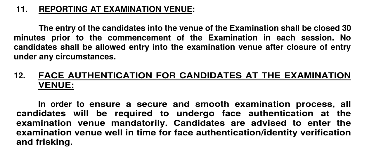 Official UPSC ESE 2027 notification: entry to the exam venue closes 30 minutes before the exam, and face authentication is mandatory at the venue
