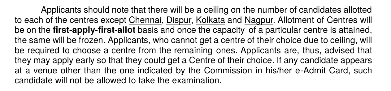 Official UPSC ESE 2027 notification clause on centre capacity, first-apply-first-allot allotment, uncapped centres and the rule on appearing at the wrong venue