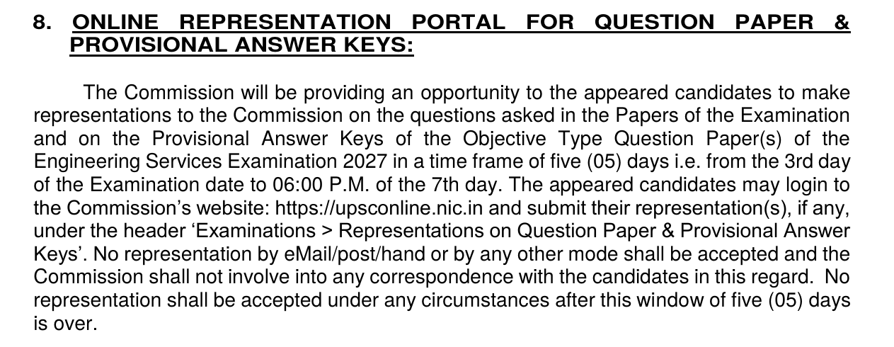 Official UPSC ESE 2027 notification clause on the online representation portal for question papers and provisional answer keys, open for five days from the 3rd day after the exam to 6 PM on the 7th day
