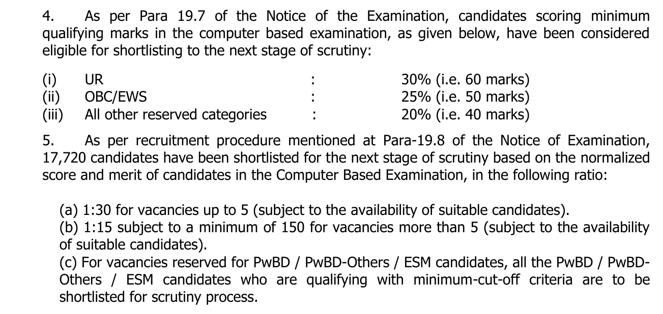 Official SSC Selection Post Phase 13 result write-up: minimum qualifying marks of 30%, 25% and 20%, and shortlisting ratios of 1:30 and 1:15