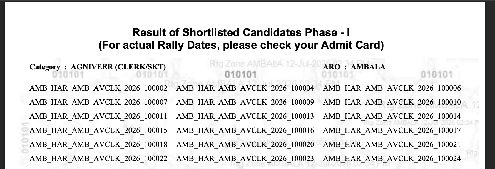 Official Indian Army Agniveer CEE 2026 result for ARO Ambala, Agniveer Clerk/SKT category, showing only roll numbers of shortlisted candidates with no marks or cutoff