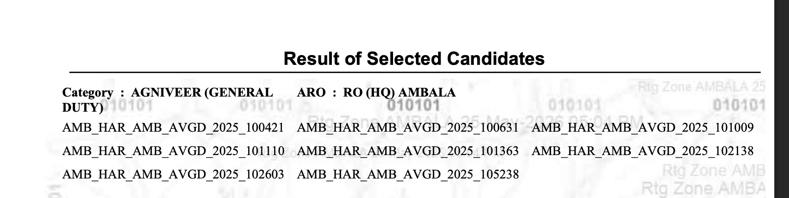 Official Indian Army Agniveer final result for RO (HQ) Ambala, Agniveer General Duty category, titled Result of Selected Candidates, listing only roll numbers