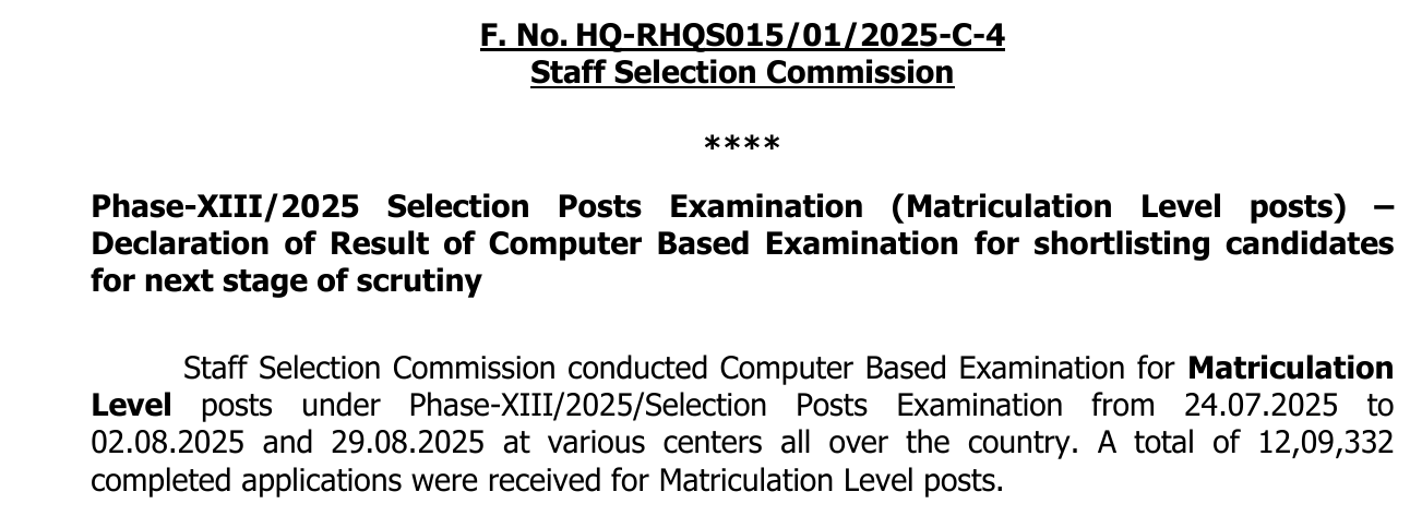 Official SSC Selection Post Phase 13 result notice for Matriculation level posts, showing the declaration of the CBE result, exam dates and 12,09,332 completed applications
