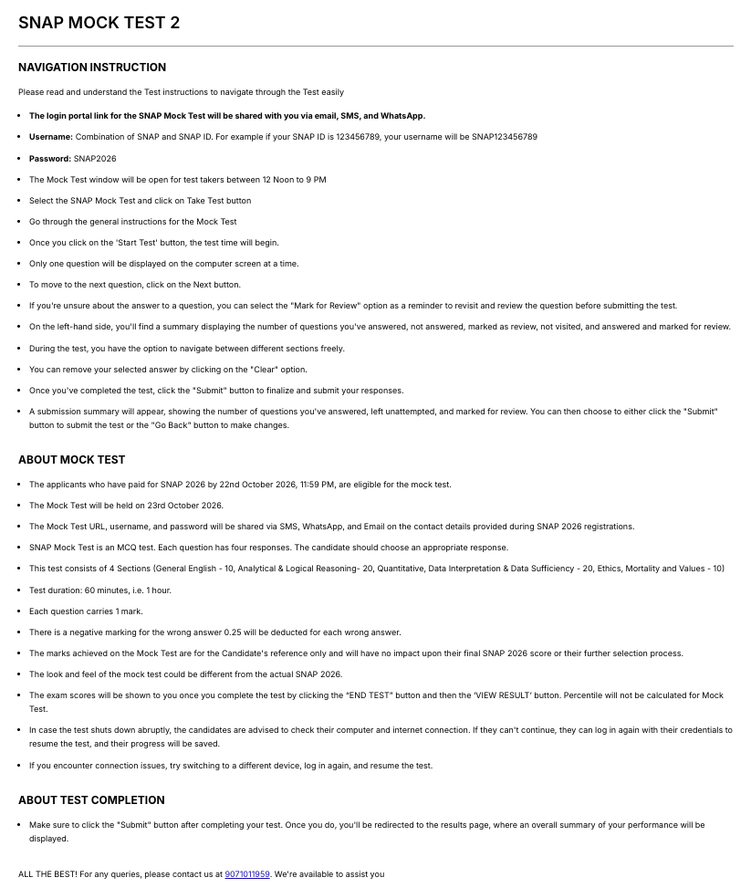 Official SNAP Mock Test 2 instructions on snaptest.org showing the username format, password SNAP2026, the 12 noon to 9 PM window, eligibility for applicants who paid by 22 October 2026, the four sections and the 0.25 negative marking