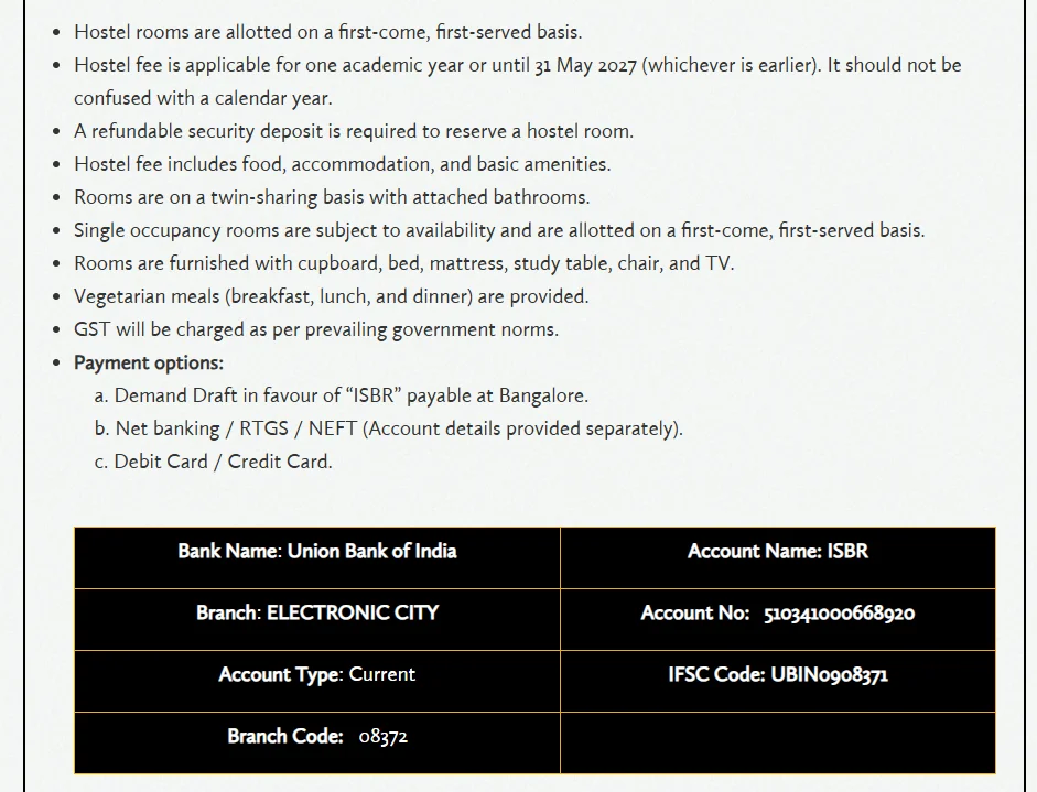 ISBR Bangalore Hostel payment details